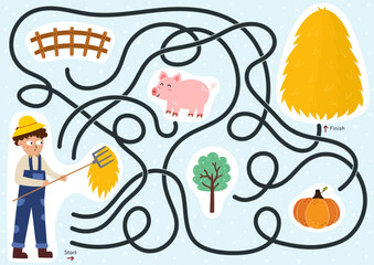 Help farmer to find a way to the stack of hay. Farm maze activity for kids. Mini game for school and preschool. Vector illustration