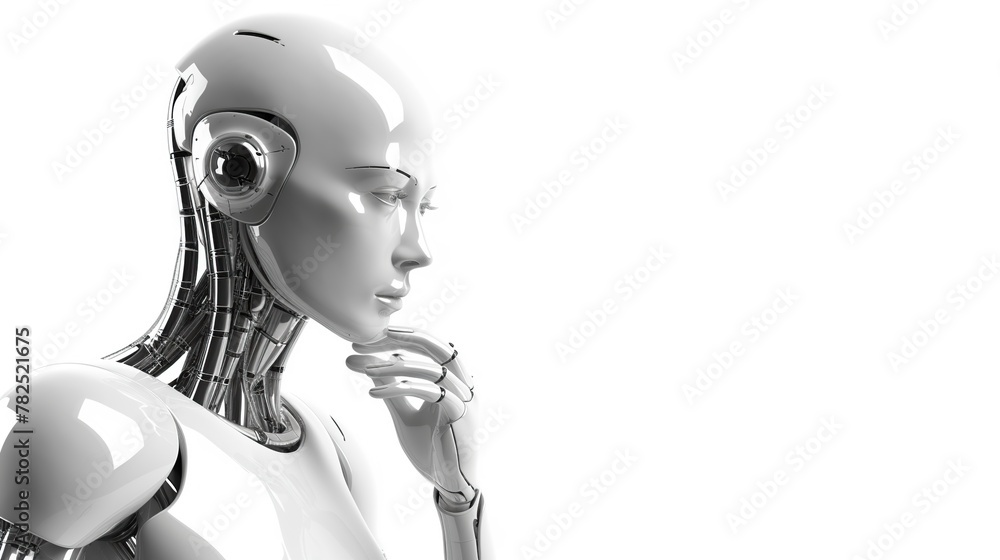 Poster humanoid robot thinking with copy space area isolated on white background.