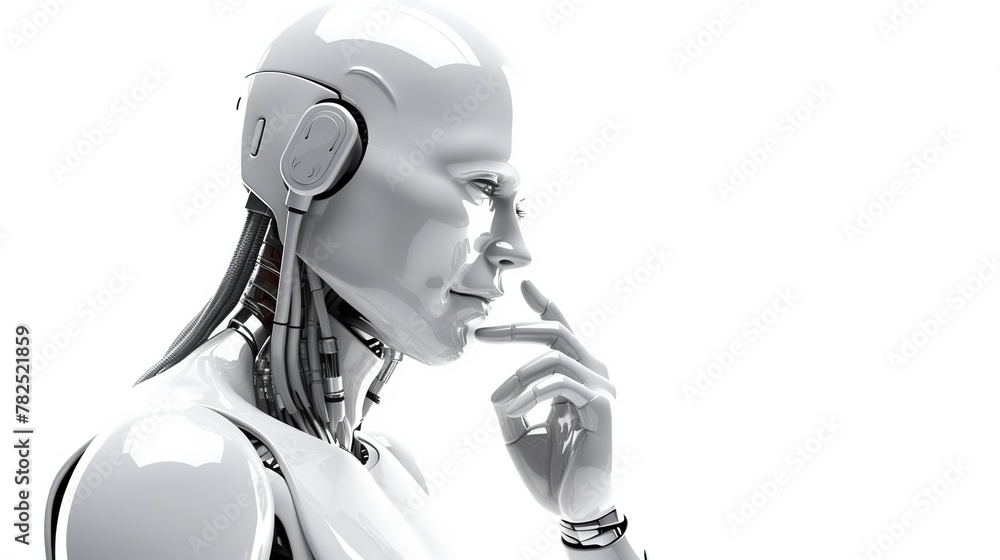 Poster humanoid robot thinking with copy space area isolated on white background.