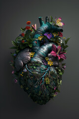Anatomical heart full of flowers, illustration, 3D render, dark blue and teal colour palette on dark background