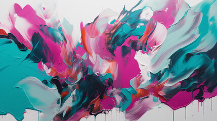 Bold strokes of vibrant pink and turquoise on a clean white canvas, expressing a sense of creativity and expression. - obrazy, fototapety, plakaty