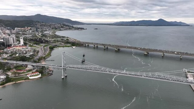 Florianopolis Capital Of Santa Catarina at Brazil. Aerial image taken with a drone of the Hercilio Luz Bridge during sunrise.
