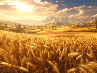 a field of wheat with mountains in the background - obrazy, fototapety, plakaty