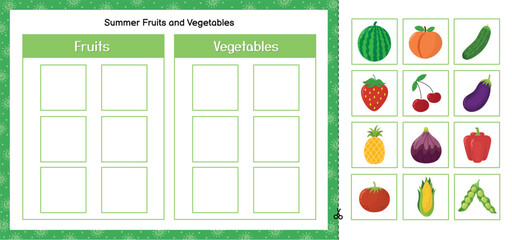 Fruit and vegetables sorting activity page for kids. Maze game for school and preschool template.  Vector illustration - 782523066