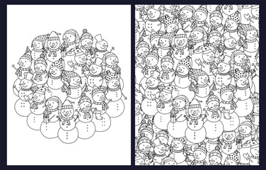 Cute doodle snowman coloring pages set. Black and white templates bundle with funny winter characters. Outline background. Vector illustration - 782523227