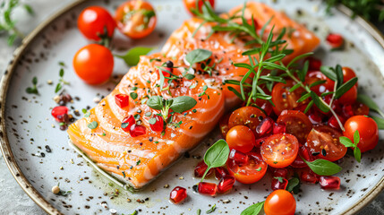 A piece of salmon is served on a plate with a side of carrots and parsley. The dish is garnished with a sprig of parsley and a few pieces of carrot. The salmon is cooked to perfection