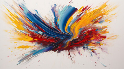 Bold strokes of vibrant red, blue, and yellow on a pure white canvas, creating a dynamic visual impact.