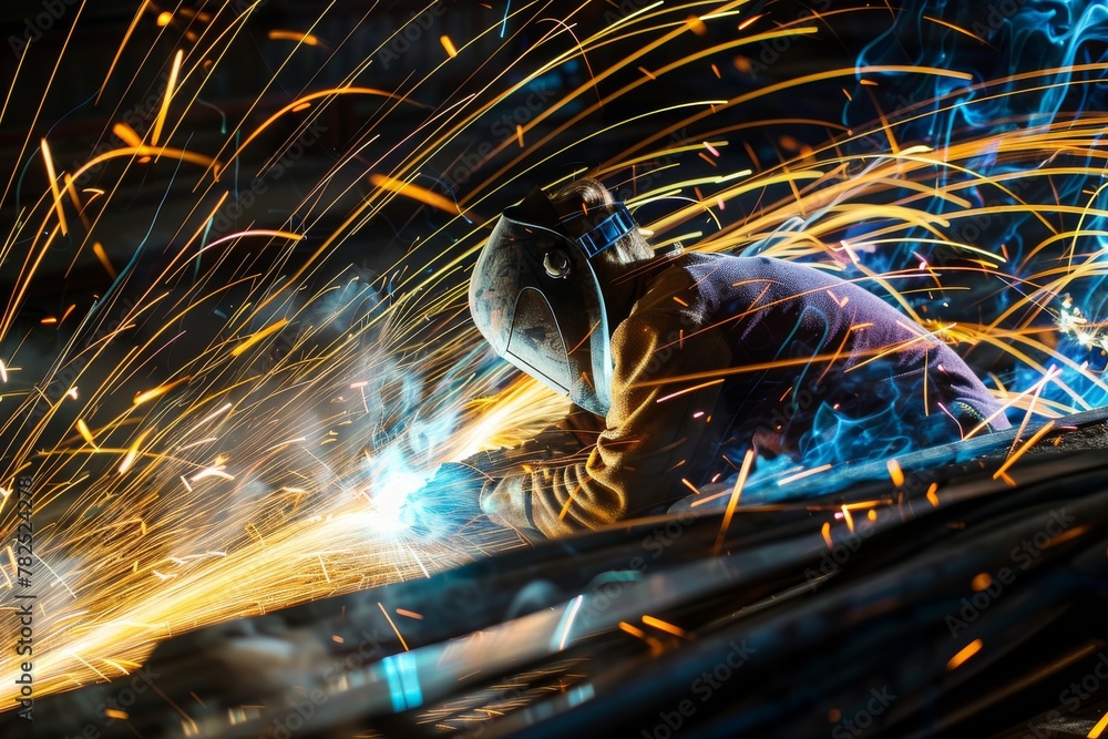 Aufkleber macro shot capturing the vibrant and intense sparks generated by the welding process, illustrating m