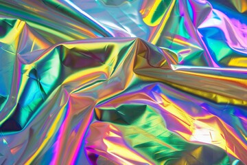 Crumpled rainbow holographic foil displaying a dynamic range of metallic colors with a shiny and reflective surface creating a modern abstract texture - obrazy, fototapety, plakaty