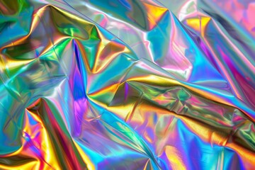 Vividly colorful holographic foil crumpled to create a mesmerizing pattern of light and texture with a metallic sheen.