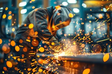 A skilled welder is in action with bright glowing sparks flying around in a dark industrial environment, showcasing craftsmanship and heavy industry