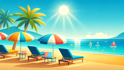 Beach scene with palm trees, umbrellas, loungers, sailboats, and the sun.