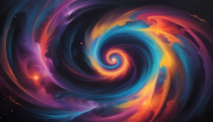 A swirling vortex of vibrant colors blending seamlessly against a dark backdrop, evoking a sense of cosmic wonder.