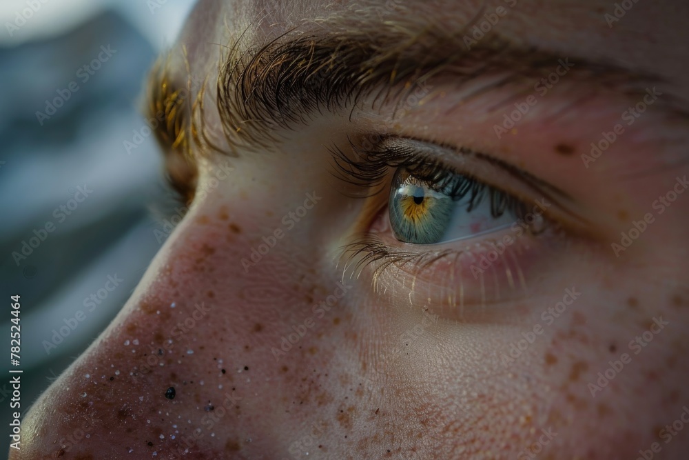 Poster Macro photography shot capturing the detailed patterns in the iris and the reflections within a human eye