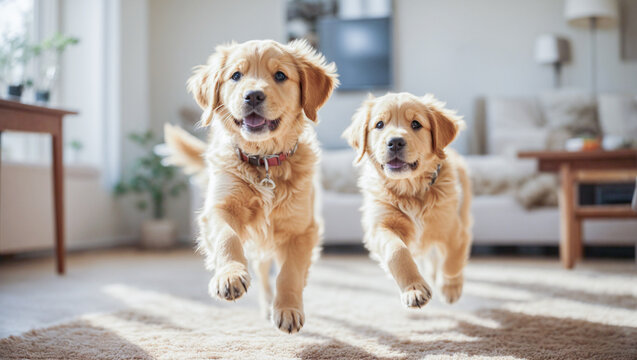 Two beautiful golden retriever puppies running in the direction of camera in a cozy room with natural light. Happy pets.