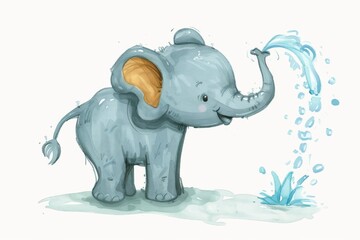 A playful and vibrant watercolor painting of a cheerful baby elephant squirting water