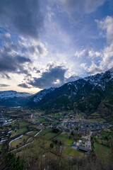 View of the village of Benasque at sunset. Winter landscape.