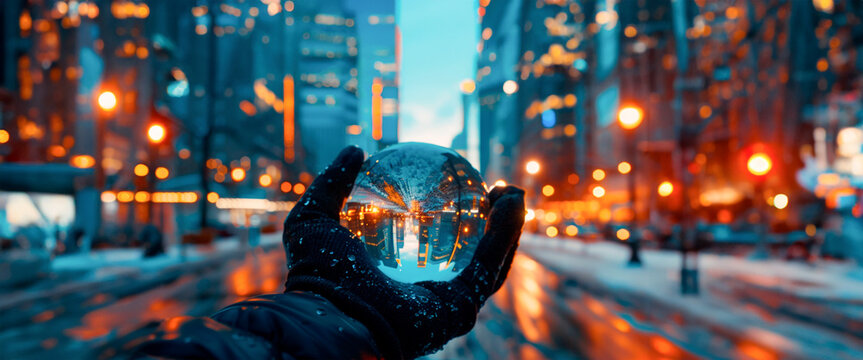 A crystal ball in the grip of a gloved hand reflects an icy cityscape against a dusky sky, creating a surreal and captivating inversion plays with our perceptions of urban winter. Banner. Copy space