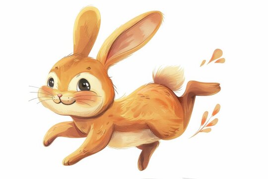 This cute illustration captures a cheerful brown rabbit in mid-hop with a warm smile and expressive eyes, perfect for a variety of designs