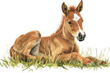 This image captures a charming brown foal with white markings resting calmly on the grass, attentive and alert