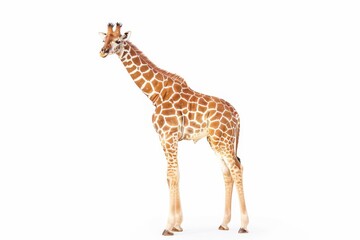 Full body view of an isolated giraffe on a clear white backdrop with visible detailed fur texture and pattern