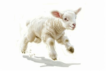 Naklejka na ściany i meble A lively illustration showcasing a young lamb mid-jump with fluffy wool and a sense of joy