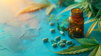 Naklejka premium Cannabis plant leaves with a bottle of capsules on a vibrant blue surface, representing alternative medicine.