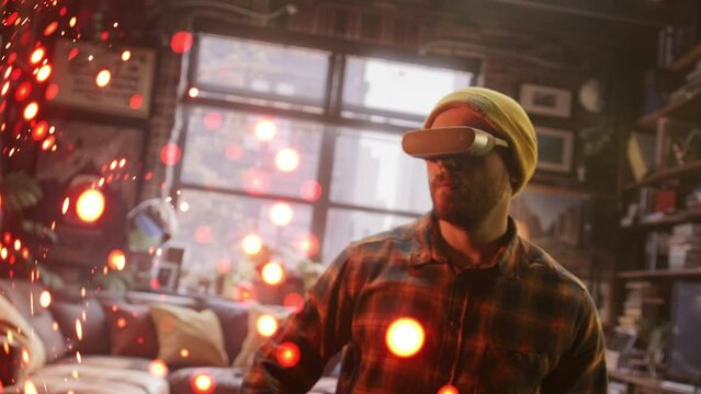 A Man Wearing A Virtual Headset In A Room With Lights Arcade Photorealism Augmented Reality