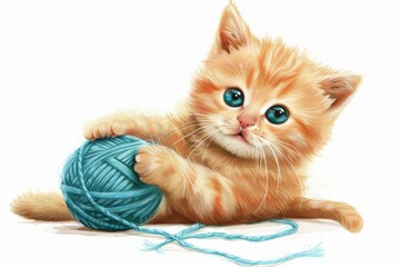 Artistic rendering of a kitten with its face obscured by a blue yarn ball, highlighting the playful nature of felines - obrazy, fototapety, plakaty
