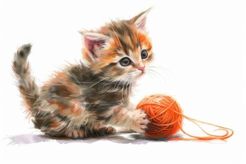 A charming illustration of a playful kitten engaged with an orange yarn ball, capturing the innocence and curiosity of a young cat - obrazy, fototapety, plakaty