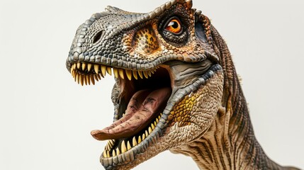 A realistic and detailed close-up of the head of a velociraptor dinosaur mid-roar, showcasing ferocity and wildness - obrazy, fototapety, plakaty