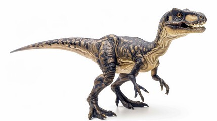 A detailed model of a Velociraptor dinosaur positioned against a stark white background, showcasing the intricate design and textures