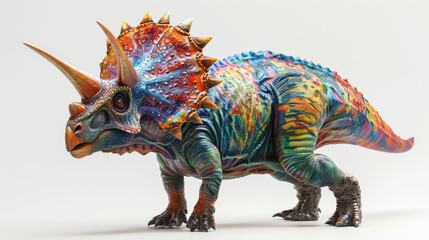 Stunning 3D model of a Triceratops with a unique artistic touch, vibrant colors, and detailed textures against a plain backdrop - obrazy, fototapety, plakaty
