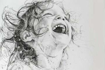 A beautiful, detailed pencil sketch portrays a woman's profile with her hair dynamically swirling around
