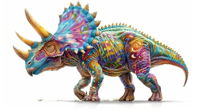 A 3D rendered Triceratops with a creative and colorful skin design set on a white background, perfect for prints and digital media