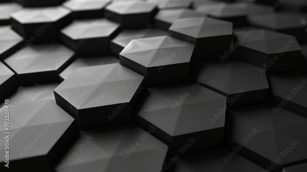 Poster a dark and moody 3d rendered image of hexagonal geometric shapes with a sense of depth