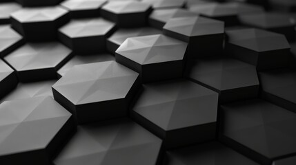 A dark and moody 3D rendered image of hexagonal geometric shapes with a sense of depth