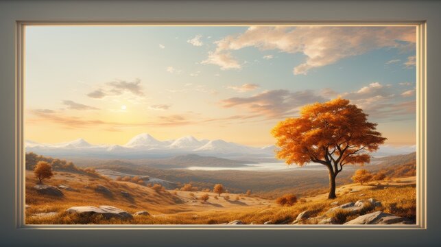 A beautiful landscape painting of a lonely tree in the middle of a field, with mountains in the distance. The sky is a clear blue with white clouds and the sun is setting.
