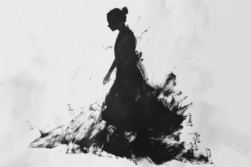 The stark black silhouette emphasizes a sense of solitude amidst the chaotic brush strokes and abstract forms
