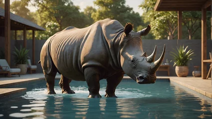 Wandcirkels tuinposter Rhino standing in a pool © Noah