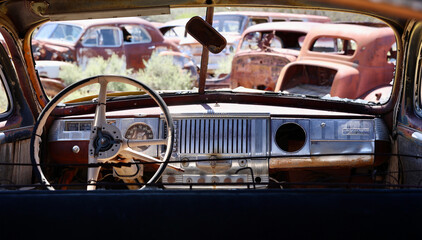 interior of an abandoned classic car