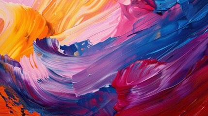 Bold strokes of vivid color sweep across the canvas, forming a dynamic gradient wave. - obrazy, fototapety, plakaty