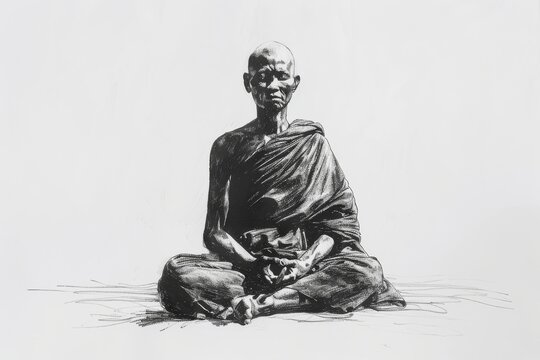 A minimalist black and white drawing of a meditating monk with the face obscured for privacy and focus on form