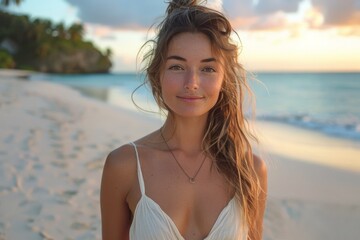 A beautiful young woman stands on top of a sandy beach, looking out at the ocean. The sun casts a warm glow on the scene.