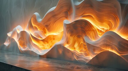 Dynamic Orange Waves on Abstract Wall Art Installation