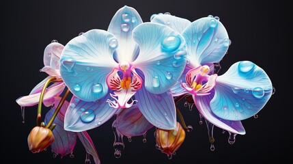 A blue orchid with water droplets on its petals.