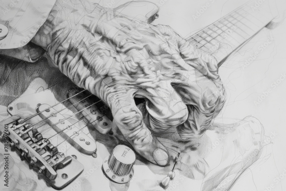 Poster A hand strumming a guitar strings depicted with intricate detail in a photo-realistic pencil drawing