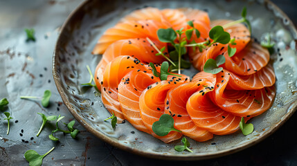 A plate of salmon with dill and lemon slices. The salmon is cut into small pieces and arranged on a...