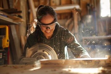 A skilled craftsperson is meticulously cutting timber with a powerful circular saw - obrazy, fototapety, plakaty