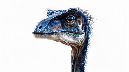 This close-up showcases the intricate textures and realistic features of a feathered blue dinosaur head with striking eyes